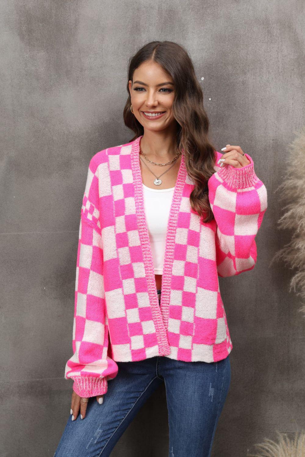 Checkered Open Front Drop Shoulder Cardigan-TOPS / DRESSES-[Adult]-[Female]-Fuchsia/White-S-2022 Online Blue Zone Planet