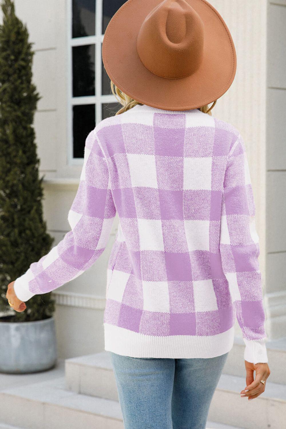 Checkered Ribbed Trim Knit Pullover-TOPS / DRESSES-[Adult]-[Female]-2022 Online Blue Zone Planet