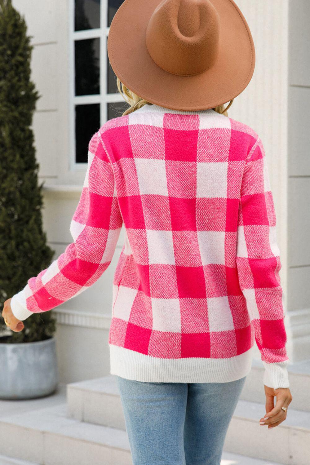 Checkered Ribbed Trim Knit Pullover BLUE ZONE PLANET