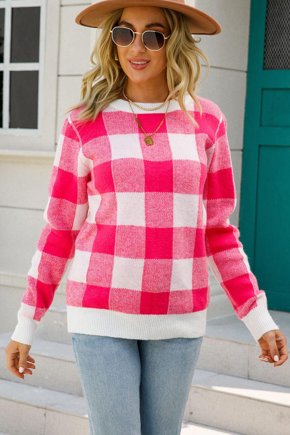 Checkered Ribbed Trim Knit Pullover BLUE ZONE PLANET