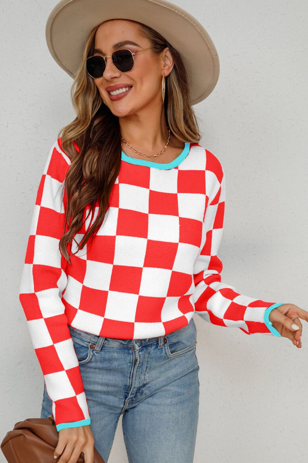 Checkered Round Neck Sweater-TOPS / DRESSES-[Adult]-[Female]-2022 Online Blue Zone Planet
