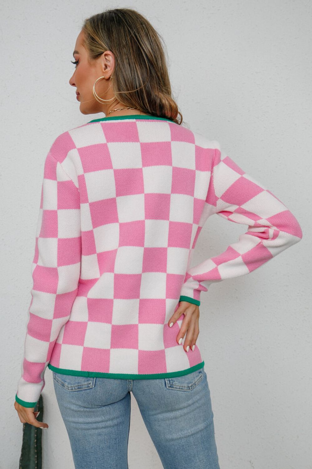 Checkered Round Neck Sweater-TOPS / DRESSES-[Adult]-[Female]-2022 Online Blue Zone Planet
