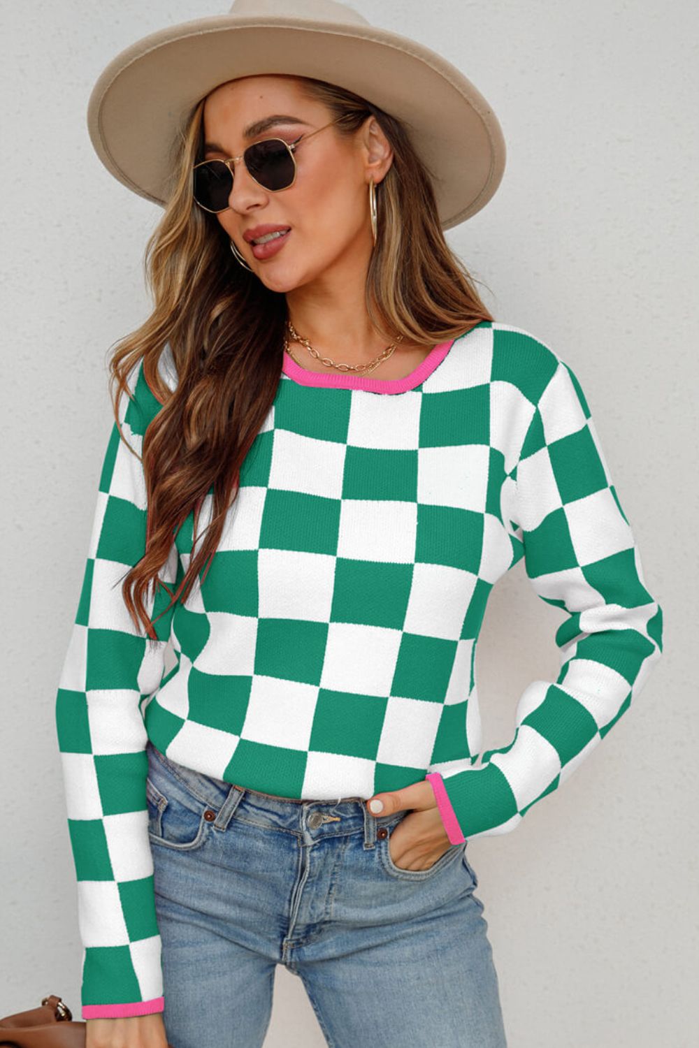 Checkered Round Neck Sweater-TOPS / DRESSES-[Adult]-[Female]-Green-S-2022 Online Blue Zone Planet