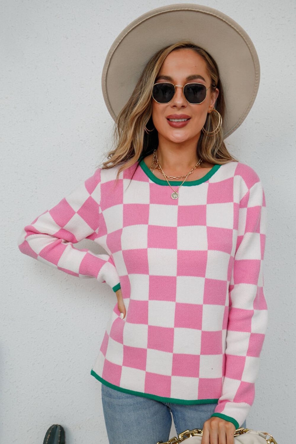 Checkered Round Neck Sweater-TOPS / DRESSES-[Adult]-[Female]-Pink-S-2022 Online Blue Zone Planet