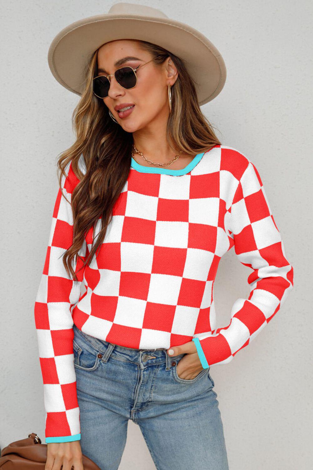 Checkered Round Neck Sweater BLUE ZONE PLANET