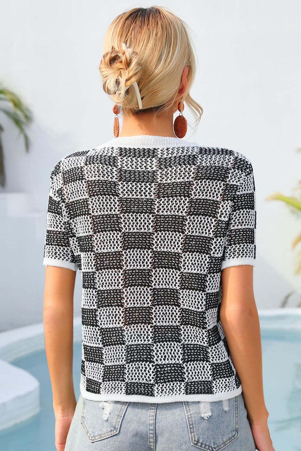 Checkered Short Sleeve Knit Top BLUE ZONE PLANET