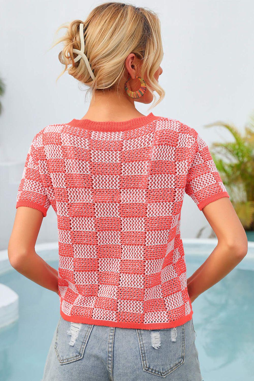 Checkered Short Sleeve Knit Top BLUE ZONE PLANET