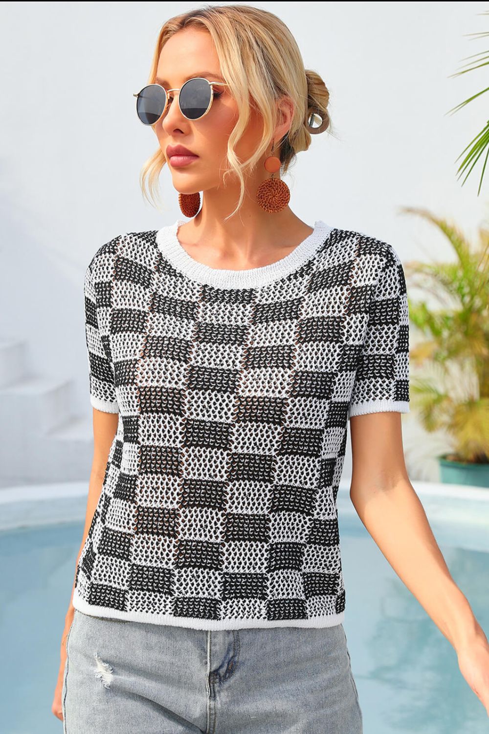 Checkered Short Sleeve Knit Top BLUE ZONE PLANET