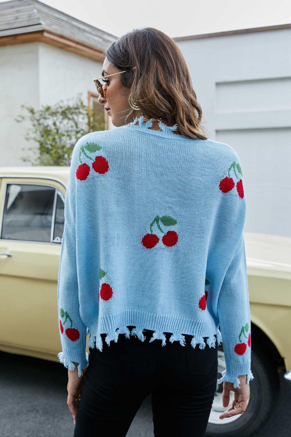 Cherry Pattern Frayed Trim V-Neck Sweater-TOPS / DRESSES-[Adult]-[Female]-2022 Online Blue Zone Planet