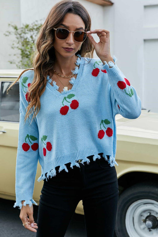 Cherry Pattern Frayed Trim V-Neck Sweater BLUE ZONE PLANET