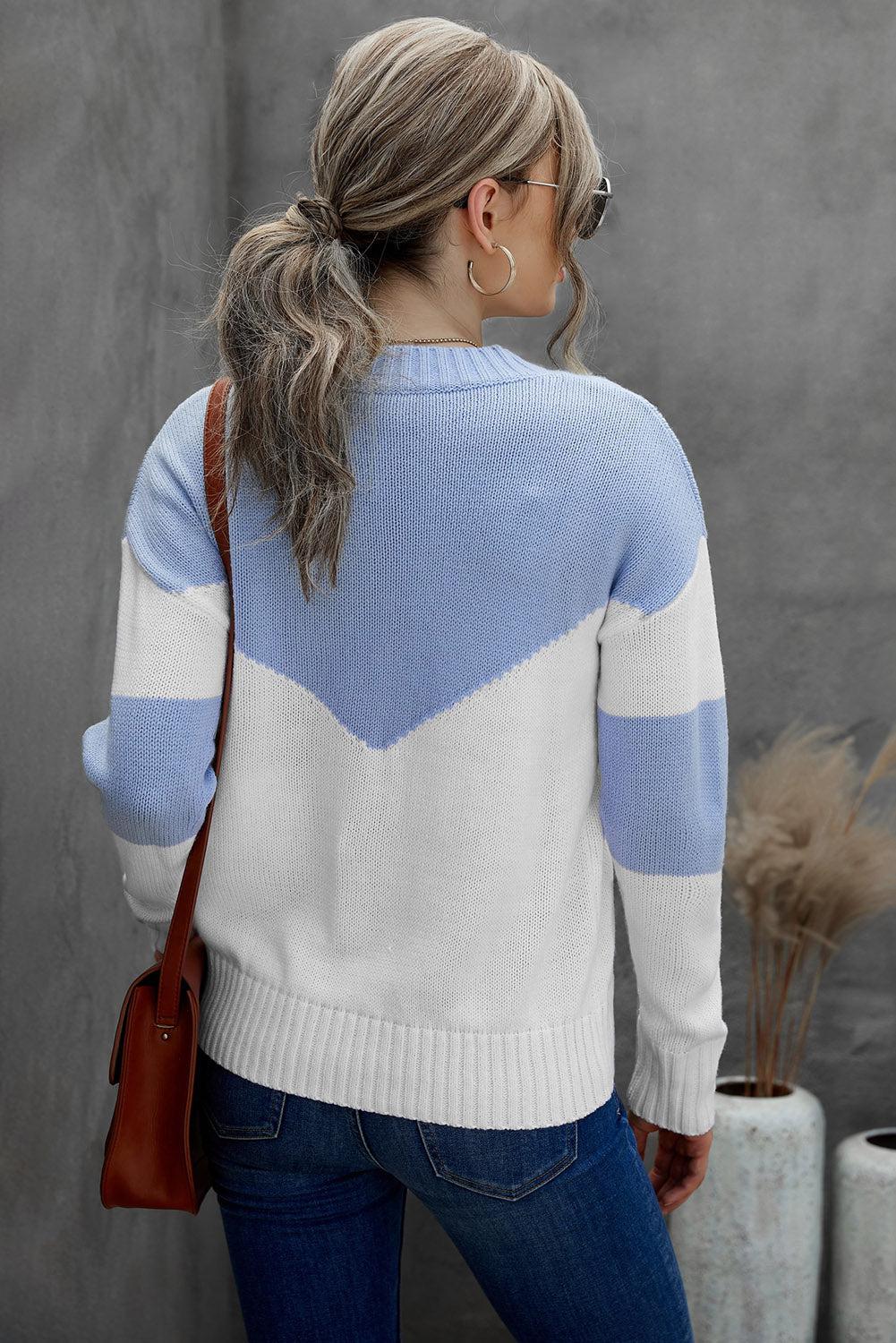 Chevron Color Block V-Neck Dropped Shoulder Sweater-TOPS / DRESSES-[Adult]-[Female]-2022 Online Blue Zone Planet