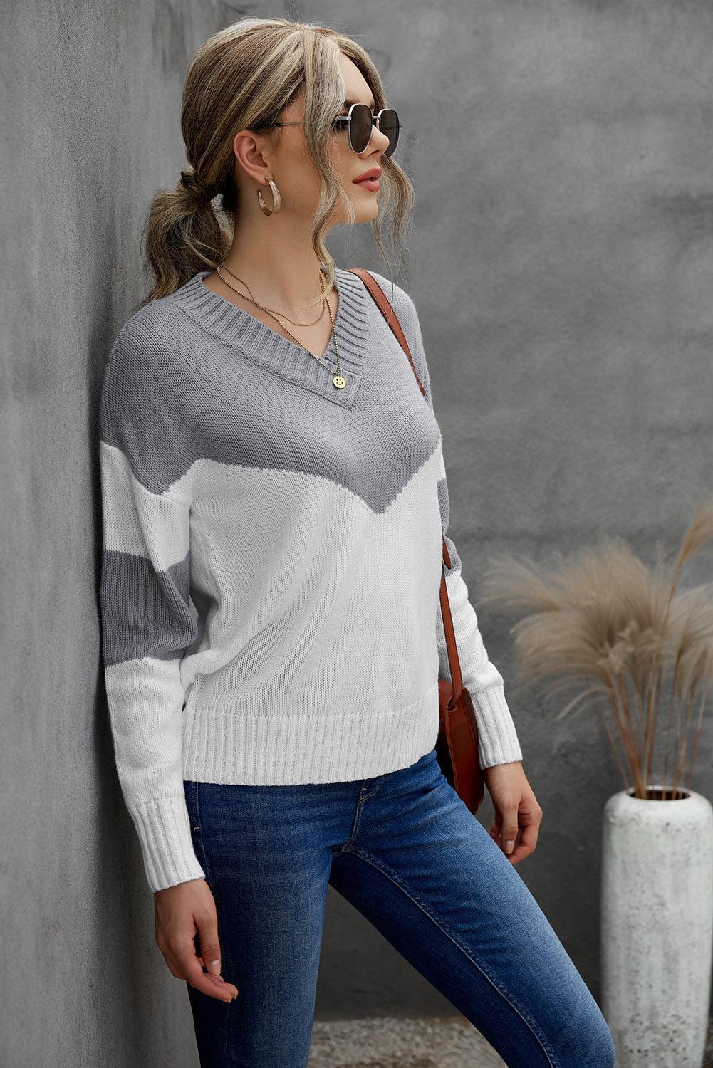Chevron Color Block V-Neck Dropped Shoulder Sweater-TOPS / DRESSES-[Adult]-[Female]-2022 Online Blue Zone Planet
