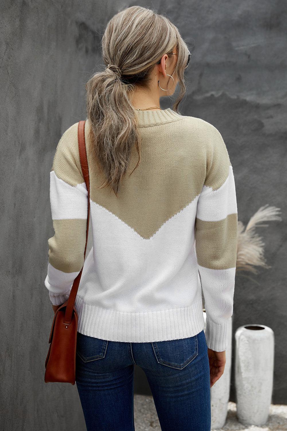 Chevron Color Block V-Neck Dropped Shoulder Sweater-TOPS / DRESSES-[Adult]-[Female]-2022 Online Blue Zone Planet