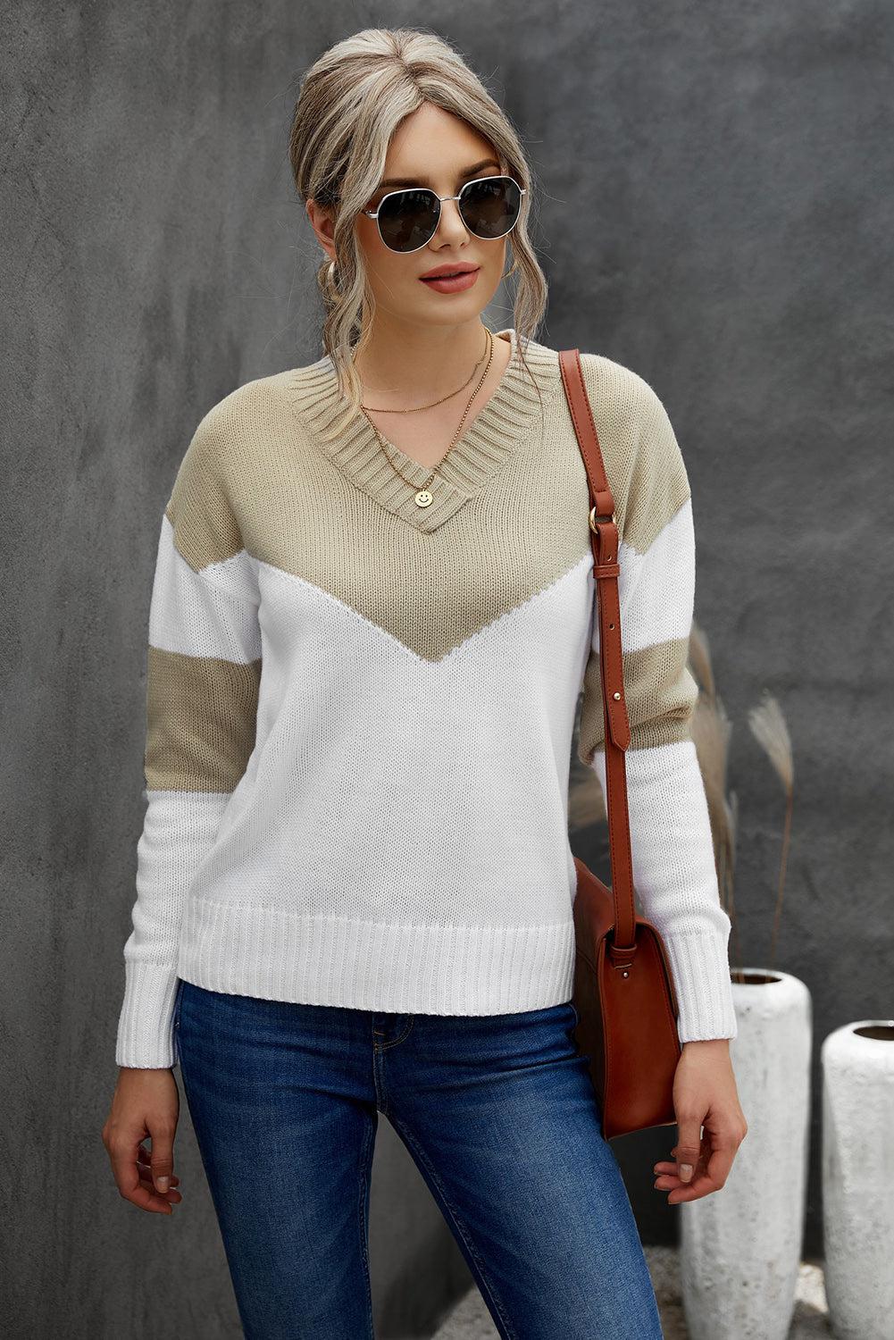 Chevron Color Block V-Neck Dropped Shoulder Sweater-TOPS / DRESSES-[Adult]-[Female]-2022 Online Blue Zone Planet