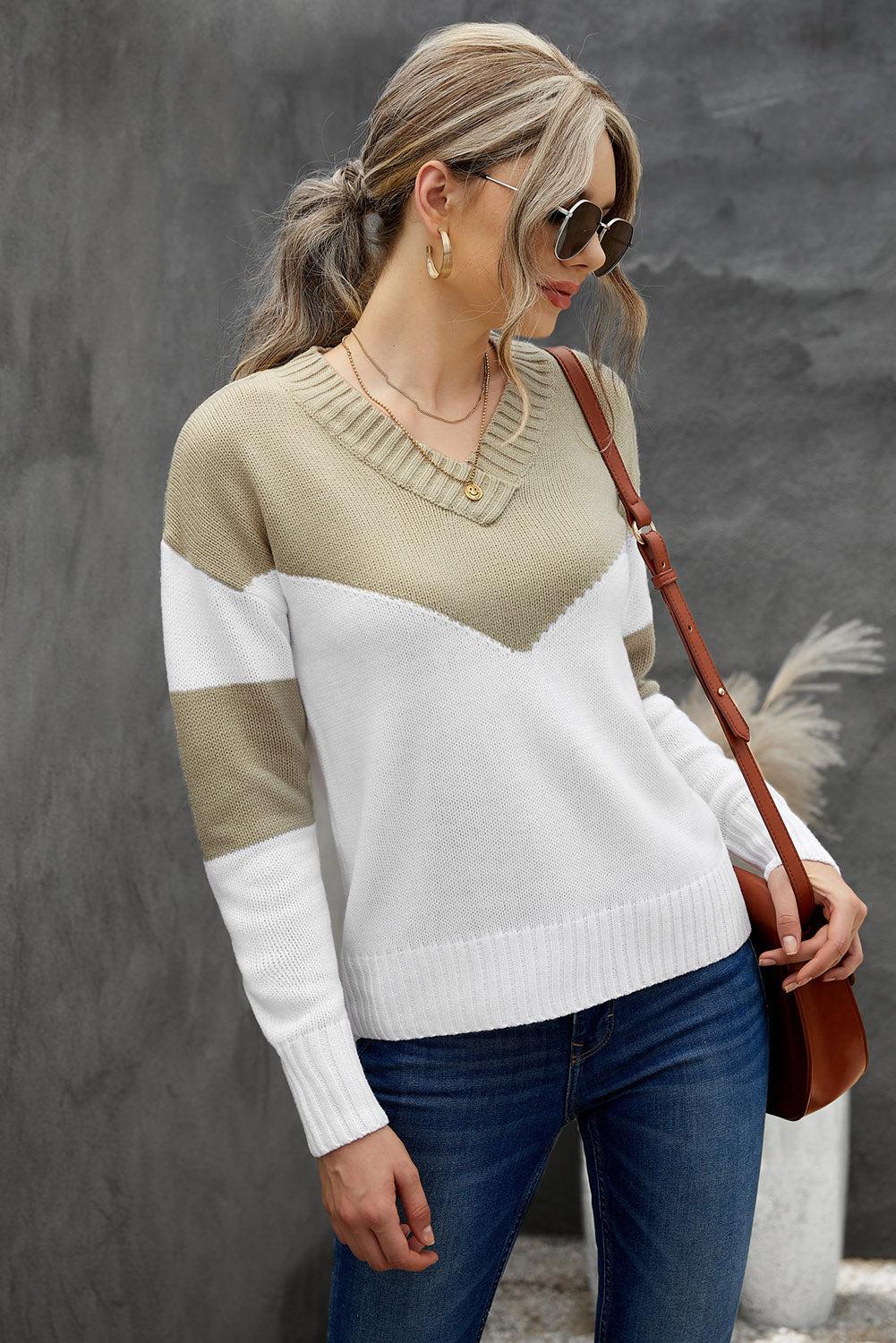 Chevron Color Block V-Neck Dropped Shoulder Sweater-TOPS / DRESSES-[Adult]-[Female]-2022 Online Blue Zone Planet