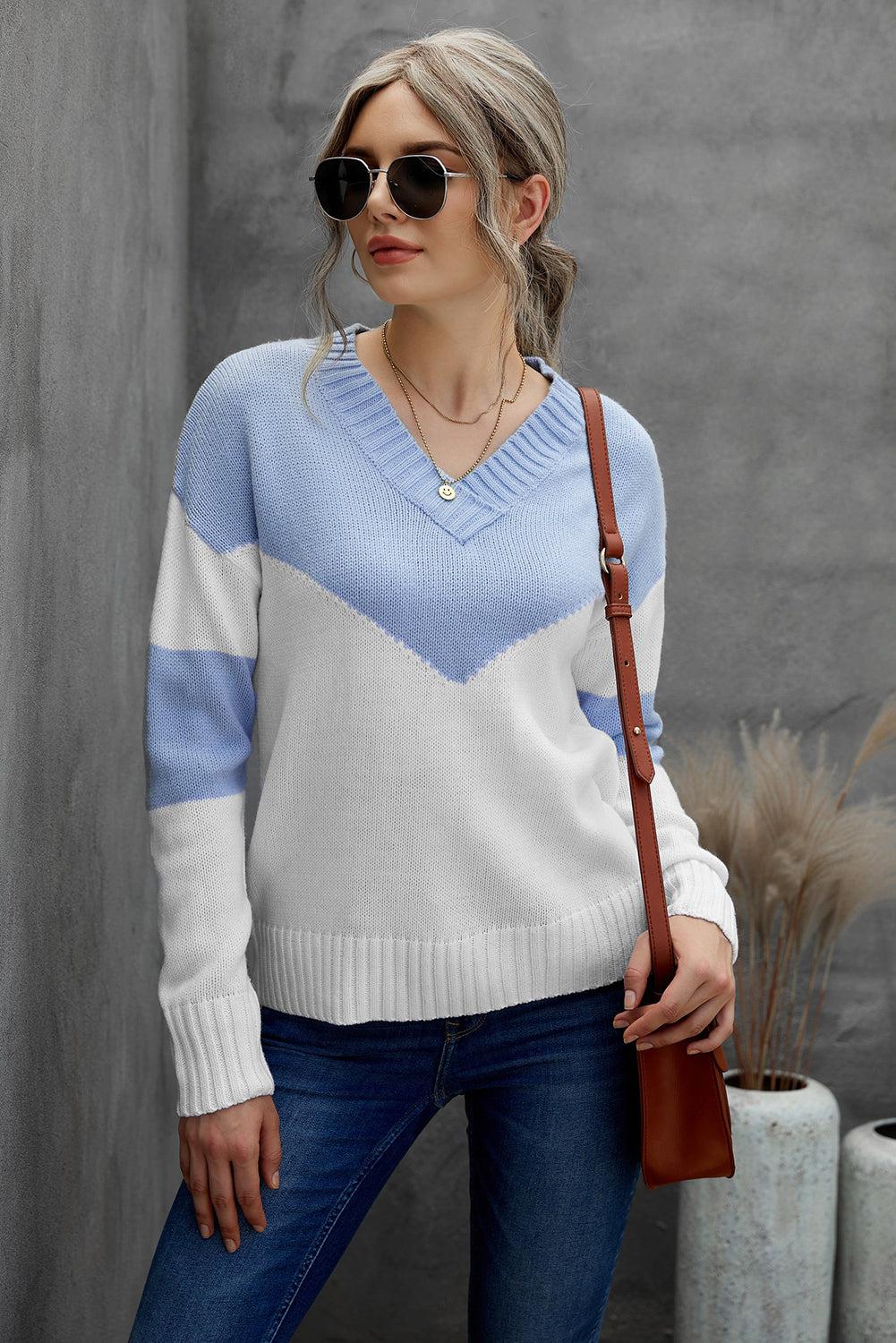 Chevron Color Block V-Neck Dropped Shoulder Sweater-TOPS / DRESSES-[Adult]-[Female]-2022 Online Blue Zone Planet