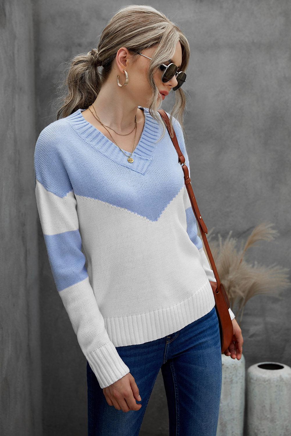 Chevron Color Block V-Neck Dropped Shoulder Sweater-TOPS / DRESSES-[Adult]-[Female]-2022 Online Blue Zone Planet