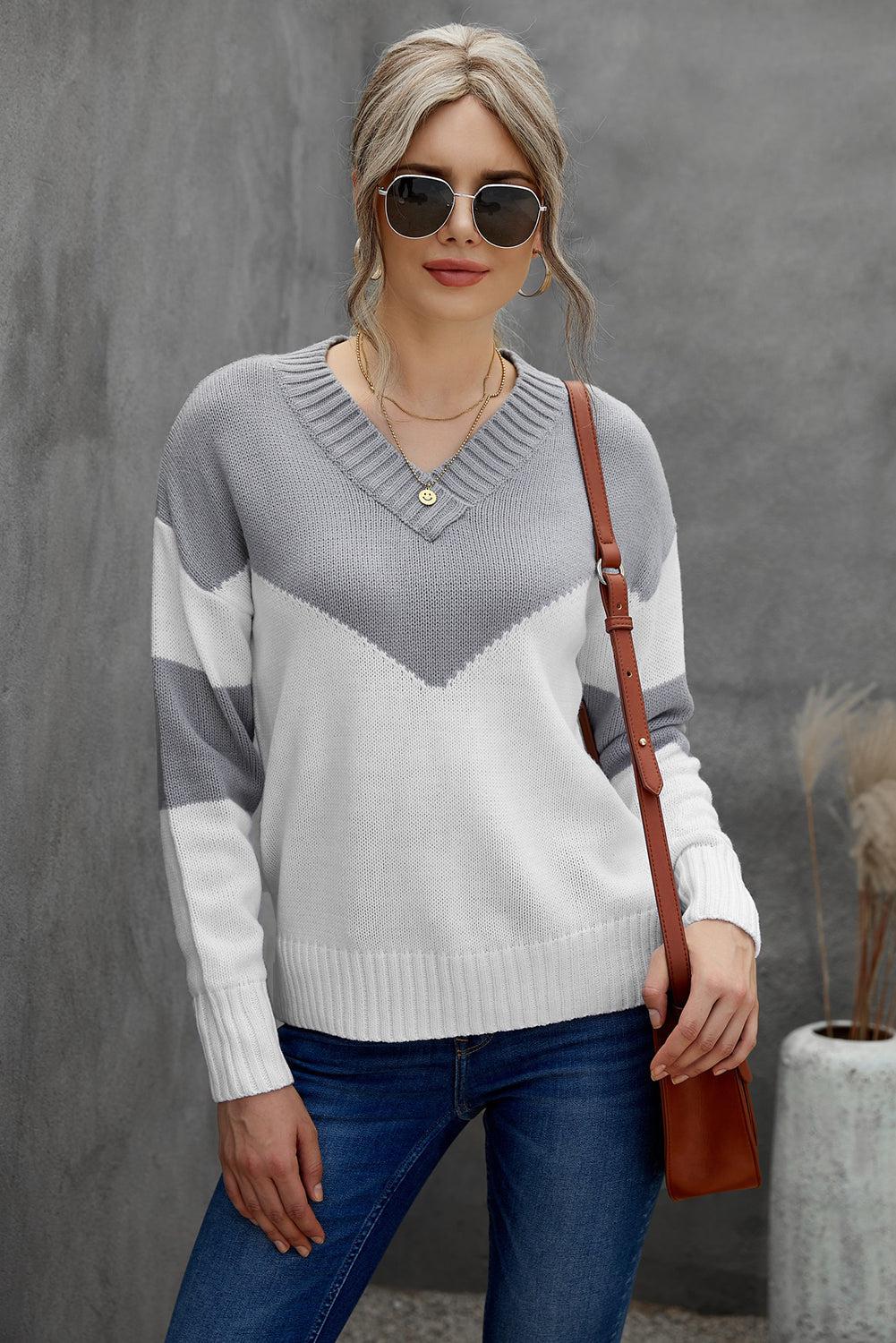 Chevron Color Block V-Neck Dropped Shoulder Sweater-TOPS / DRESSES-[Adult]-[Female]-Gray-S-2022 Online Blue Zone Planet
