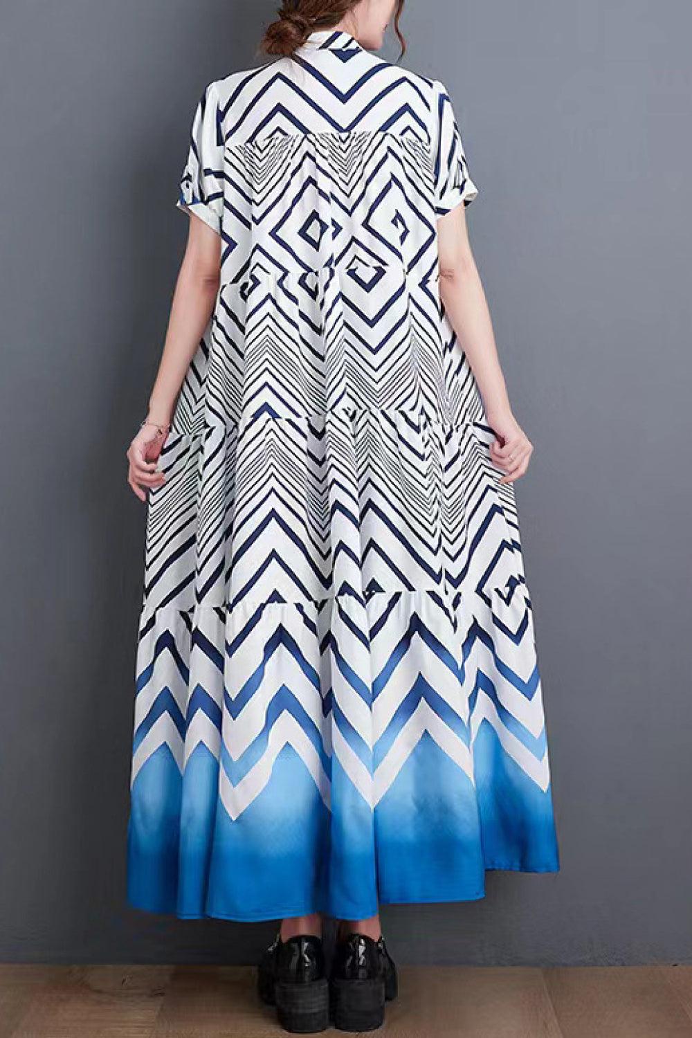 Chevron Stripe Puff Sleeve Tiered Maxi Dress-TOPS / DRESSES-[Adult]-[Female]-White/Blue-One Size-Blue Zone Planet