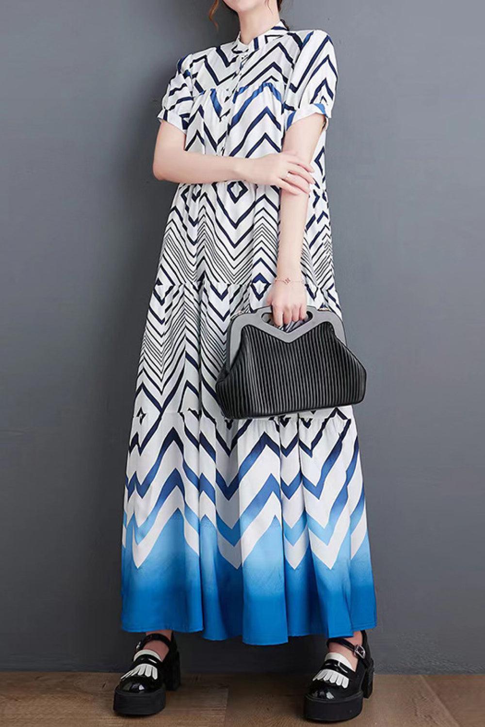 Chevron Stripe Puff Sleeve Tiered Maxi Dress-TOPS / DRESSES-[Adult]-[Female]-White/Blue-One Size-Blue Zone Planet