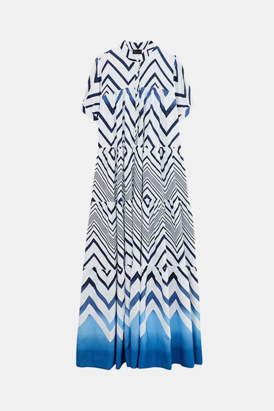 Chevron Stripe Puff Sleeve Tiered Maxi Dress-TOPS / DRESSES-[Adult]-[Female]-White/Blue-One Size-Blue Zone Planet