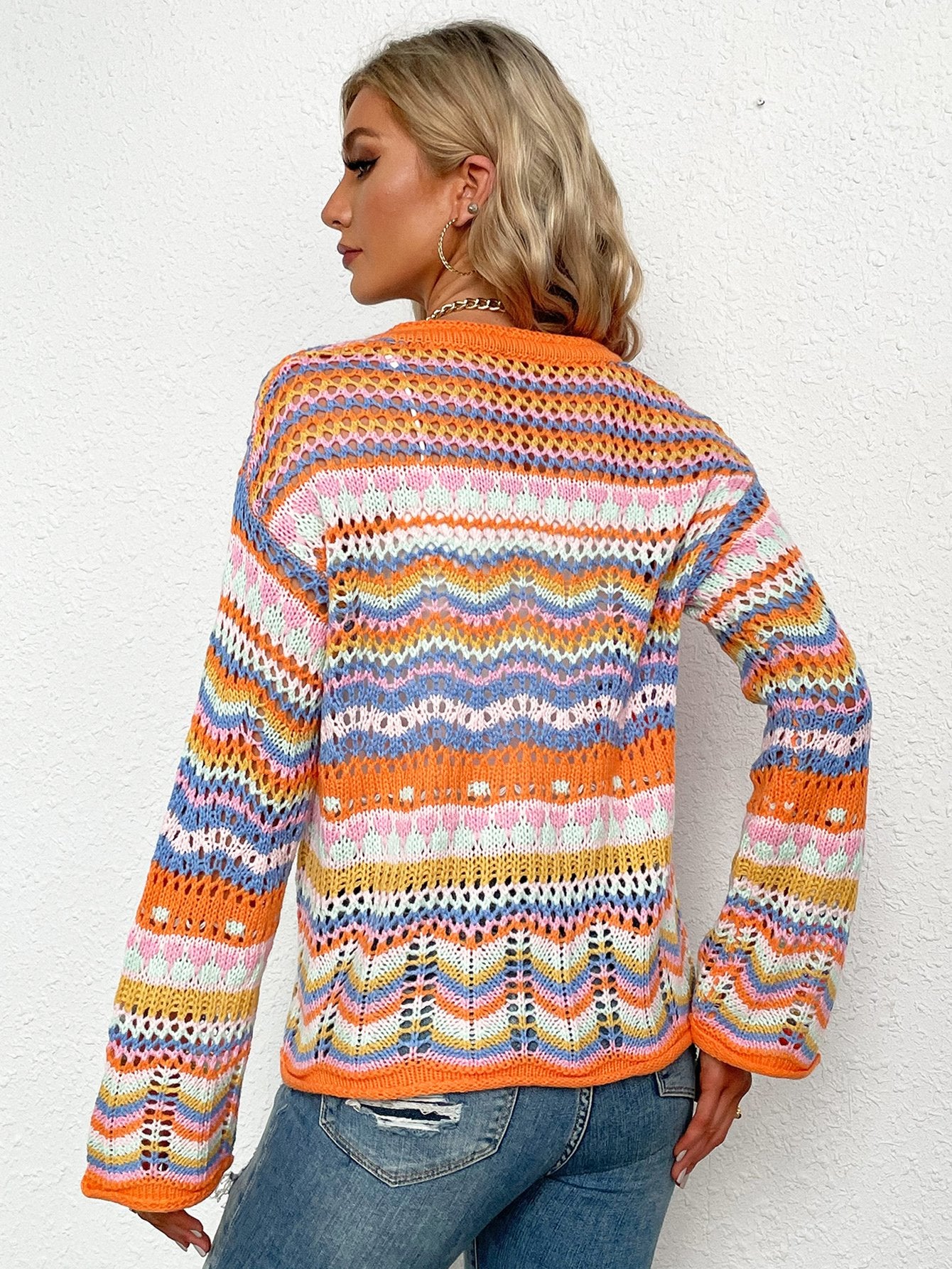 Chevron Stripes Openwork Cardigan BLUE ZONE PLANET