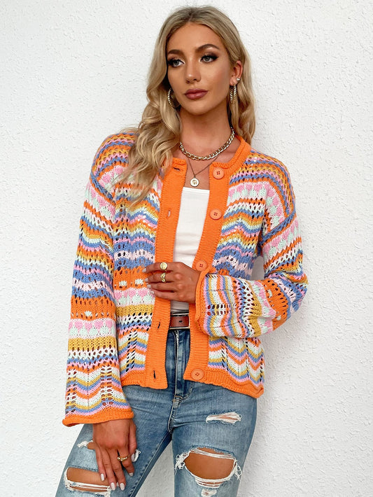 Chevron Stripes Openwork Cardigan BLUE ZONE PLANET