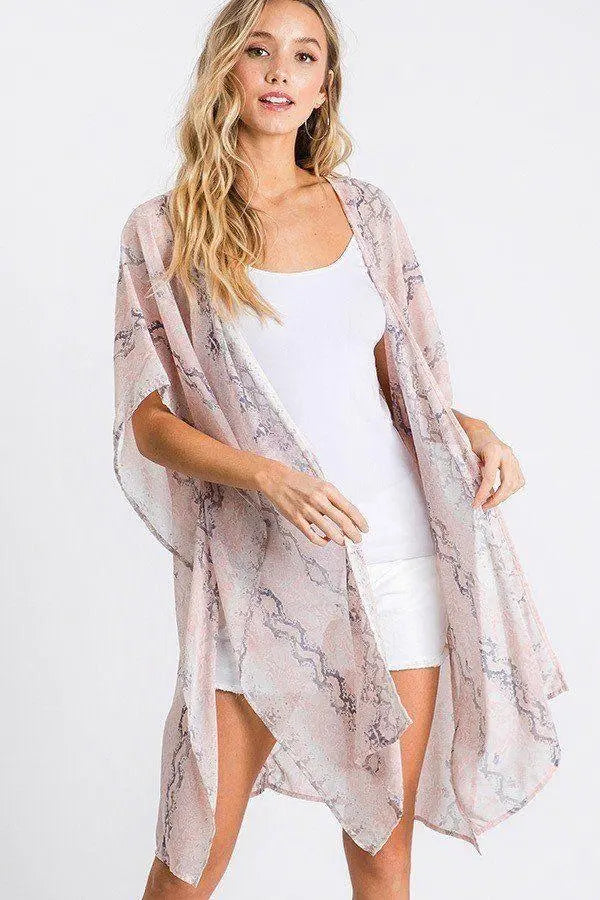 Chiffon Patterned Open Front Kimono Blue Zone Planet