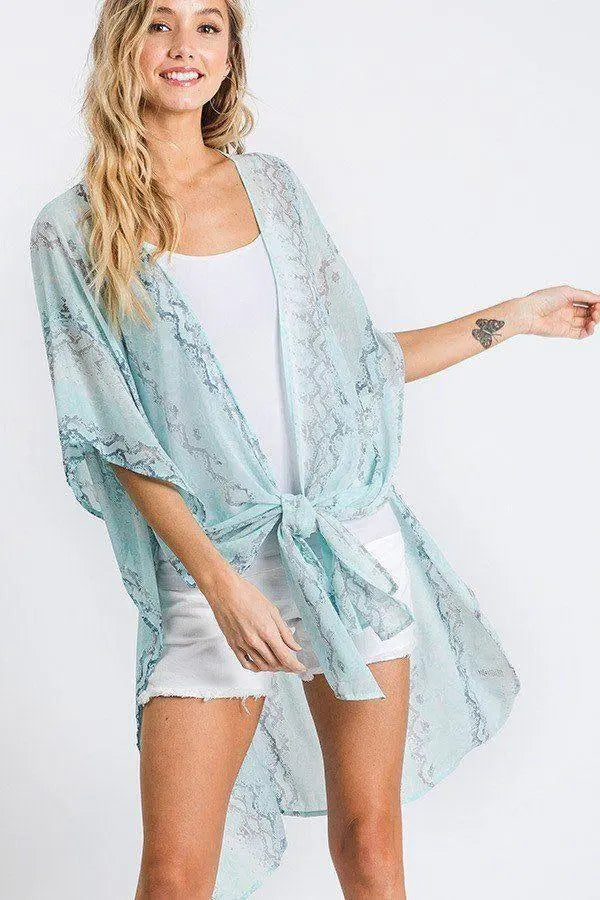 Chiffon Patterned Open Front Kimono Blue Zone Planet