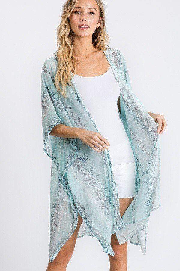 Chiffon Patterned Open Front Kimono Blue Zone Planet