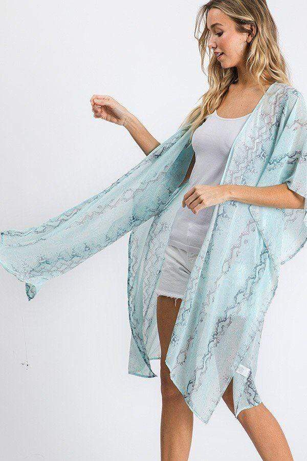 Chiffon Patterned Open Front Kimono Blue Zone Planet