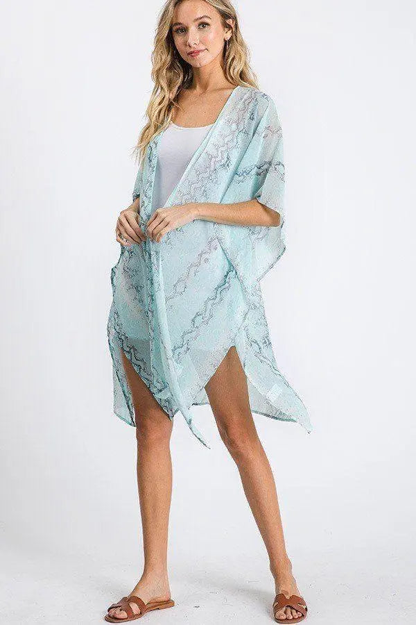 Chiffon Patterned Open Front Kimono Blue Zone Planet