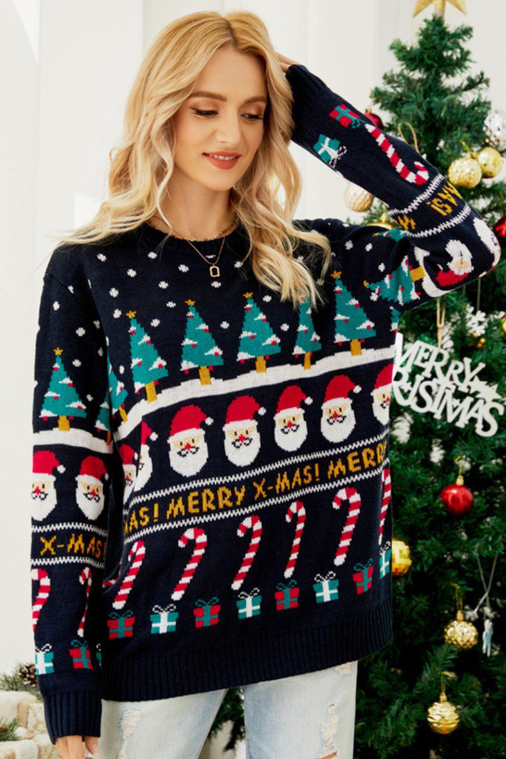Christmas Candy Cane Ribbed Trim Sweater BLUE ZONE PLANET