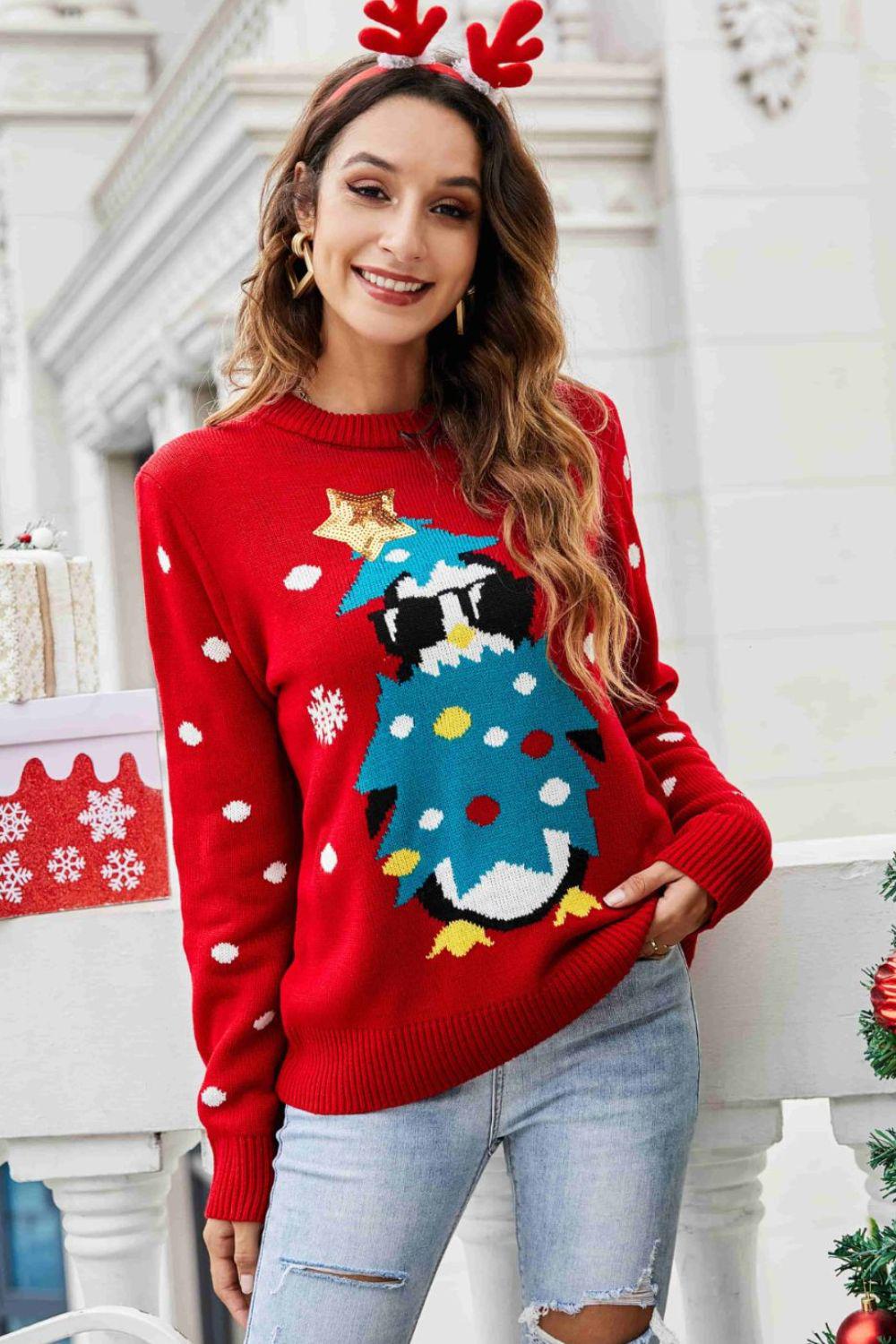 Christmas Penguin Graphic Sequin Sweater BLUE ZONE PLANET