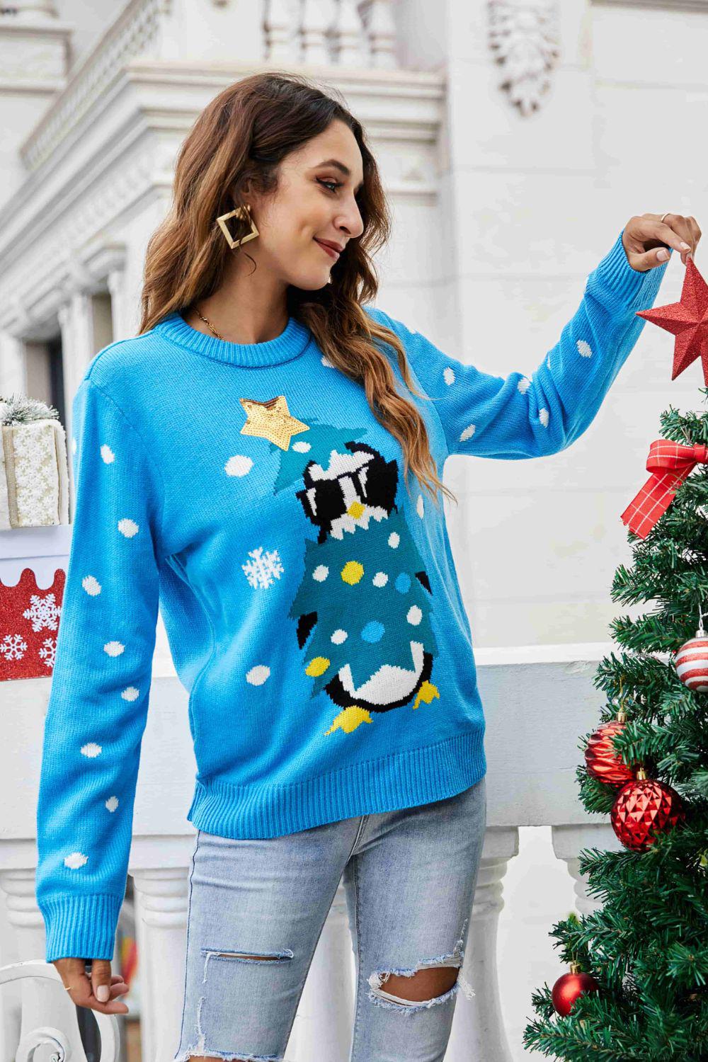 Christmas Penguin Graphic Sequin Sweater-TOPS / DRESSES-[Adult]-[Female]-2022 Online Blue Zone Planet