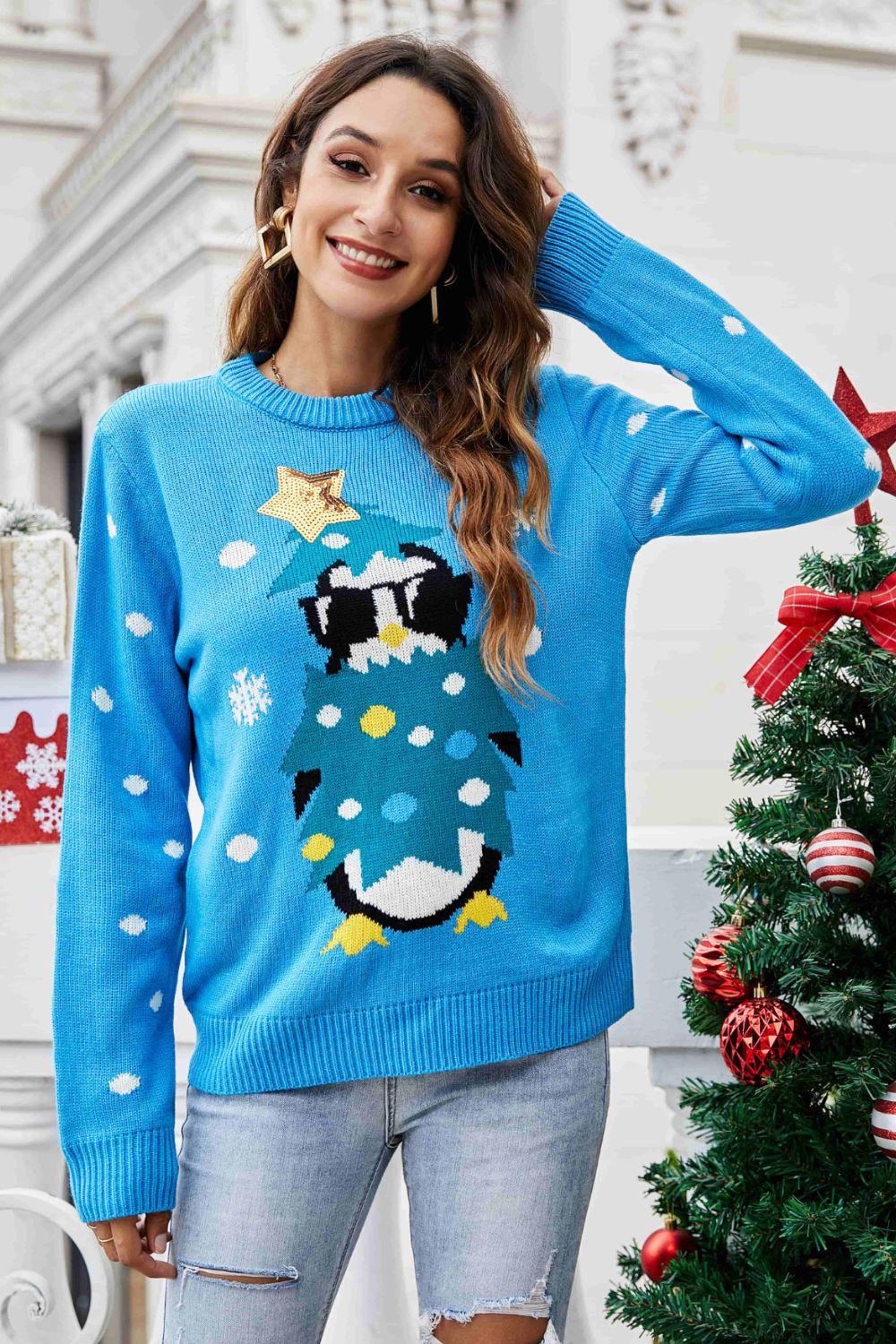 Christmas Penguin Graphic Sequin Sweater-TOPS / DRESSES-[Adult]-[Female]-Blue-S-2022 Online Blue Zone Planet