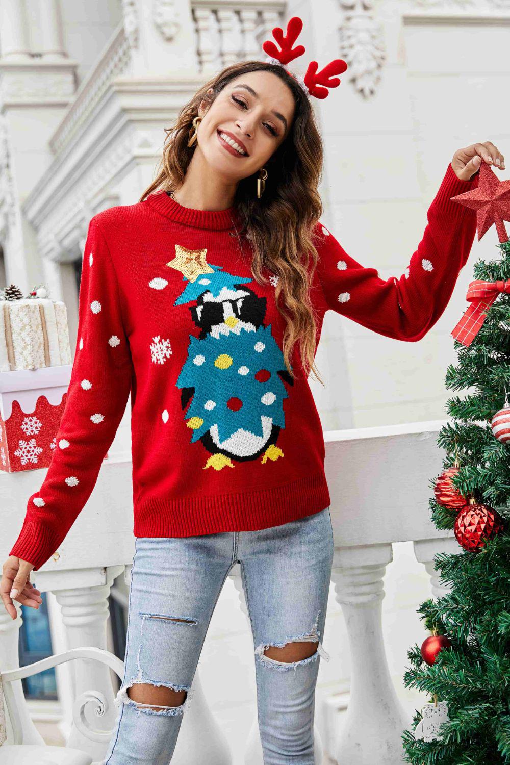 Christmas Penguin Graphic Sequin Sweater-TOPS / DRESSES-[Adult]-[Female]-Red-S-2022 Online Blue Zone Planet