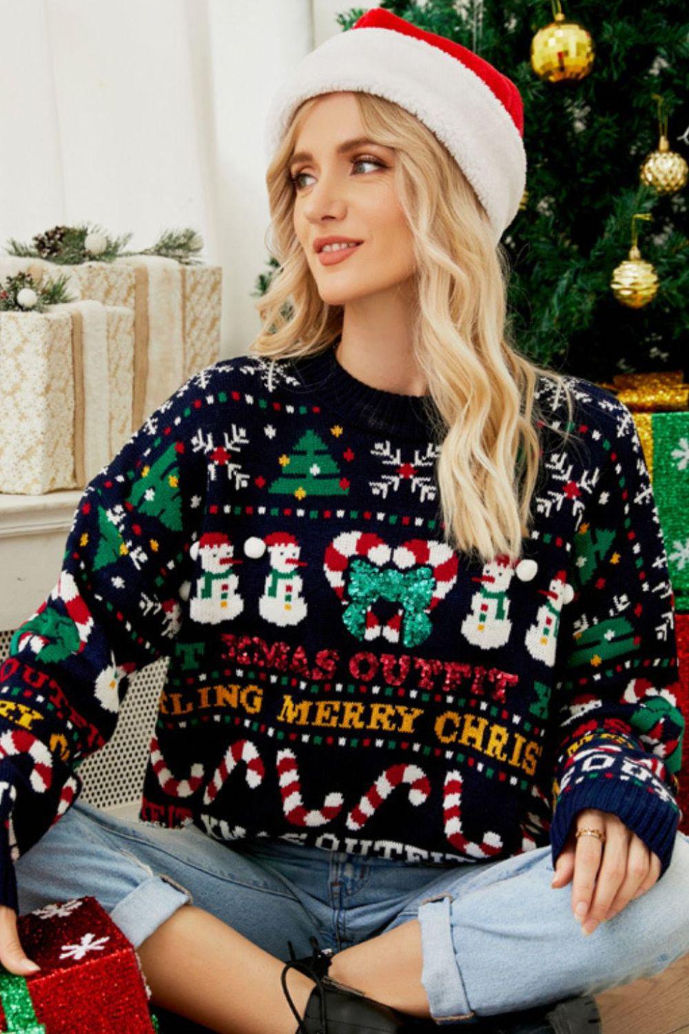 Christmas Print Crewneck Dropped Shoulder Sweater BLUE ZONE PLANET
