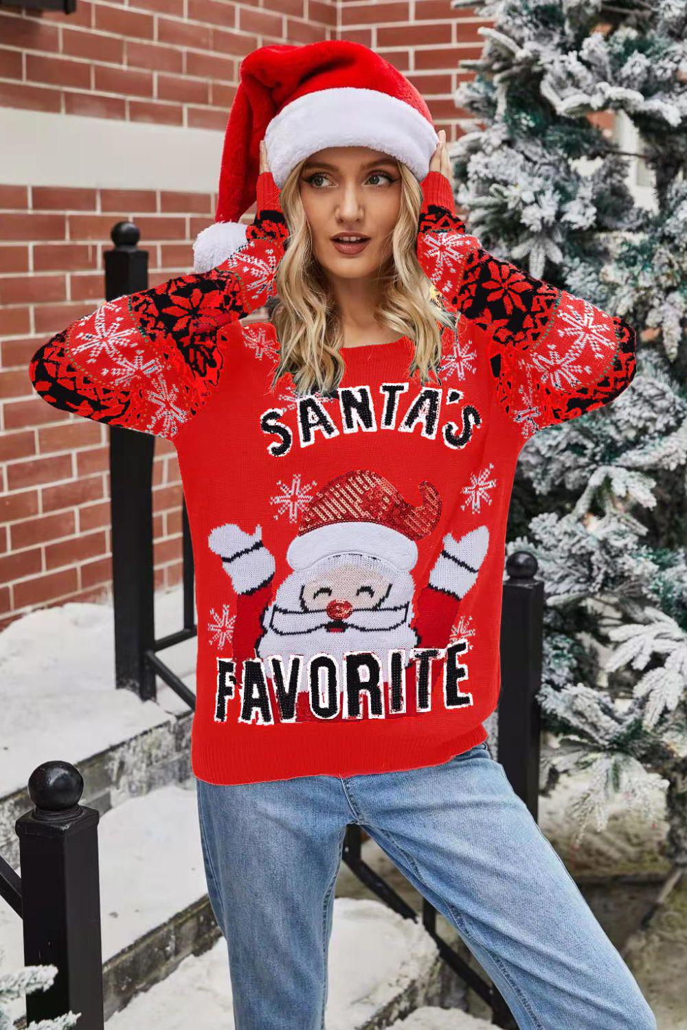 Christmas SANTA'S FAVORITE Round Neck Sweater-TOPS / DRESSES-[Adult]-[Female]-Red-S-2022 Online Blue Zone Planet