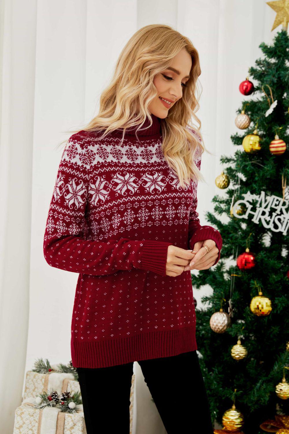 Christmas Snowflake Fair Isle Turtleneck Sweater-TOPS / DRESSES-[Adult]-[Female]-2022 Online Blue Zone Planet