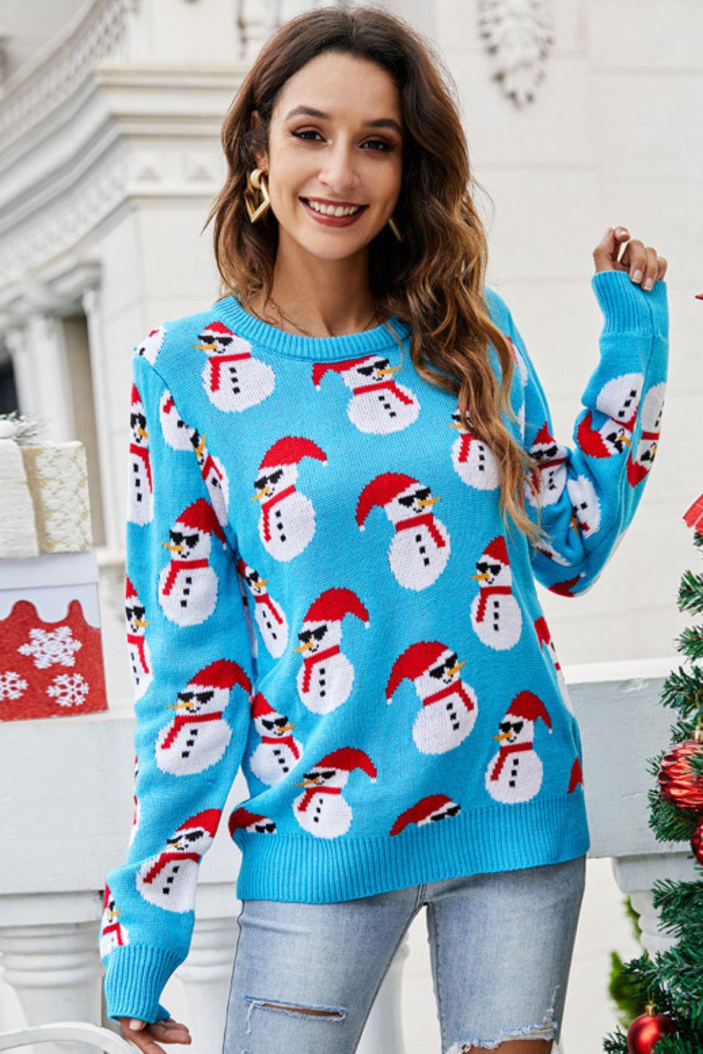 Christmas Snowman Ribbed Trim Round Neck Sweater-TOPS / DRESSES-[Adult]-[Female]-Blue-S-2022 Online Blue Zone Planet