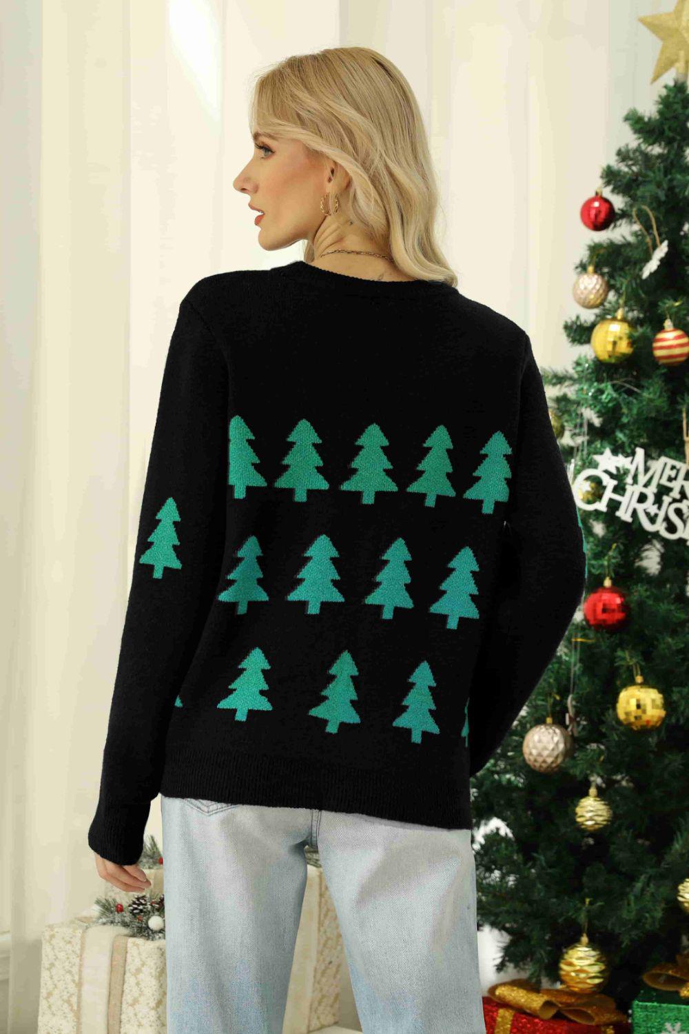 Christmas Tree Round Neck Ribbed Trim Sweater BLUE ZONE PLANET