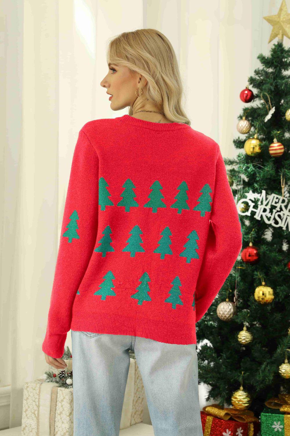 Christmas Tree Round Neck Ribbed Trim Sweater-TOPS / DRESSES-[Adult]-[Female]-2022 Online Blue Zone Planet