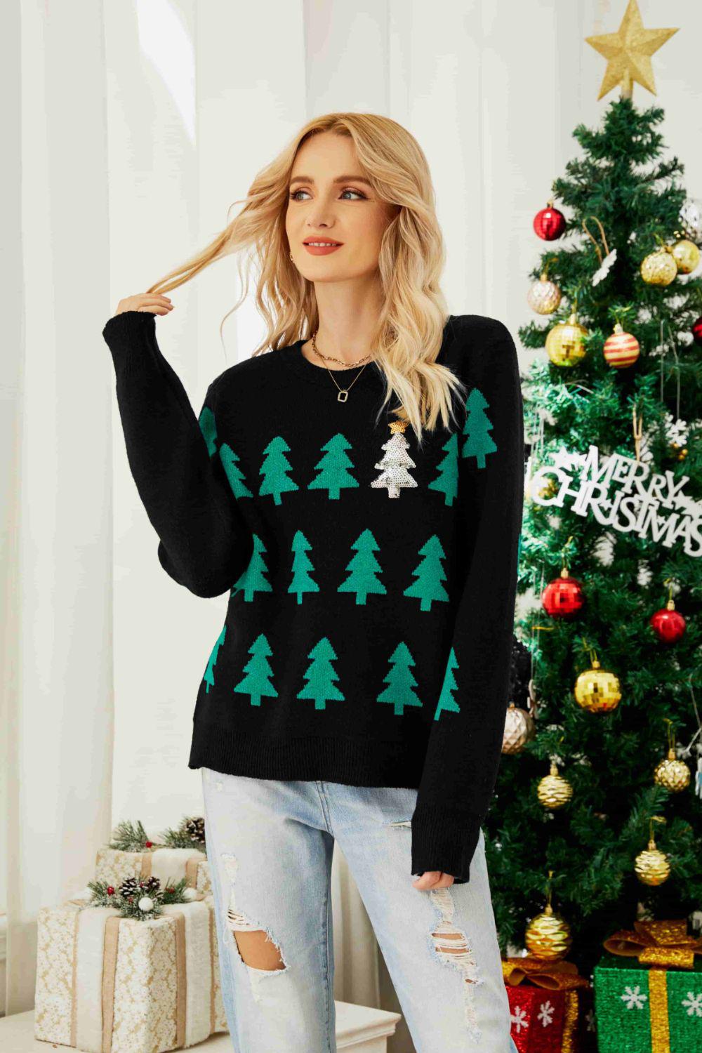 Christmas Tree Round Neck Ribbed Trim Sweater-TOPS / DRESSES-[Adult]-[Female]-Black-S-2022 Online Blue Zone Planet