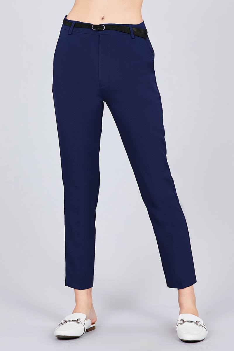 Classic Woven Pants With Belt-BOTTOM SIZES SMALL MEDIUM LARGE-[Adult]-[Female]-Dark Navy-S-Blue Zone Planet