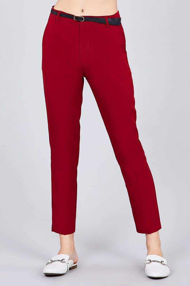 Classic Woven Pants With Belt-BOTTOM SIZES SMALL MEDIUM LARGE-[Adult]-[Female]-Dark Red-S-Blue Zone Planet