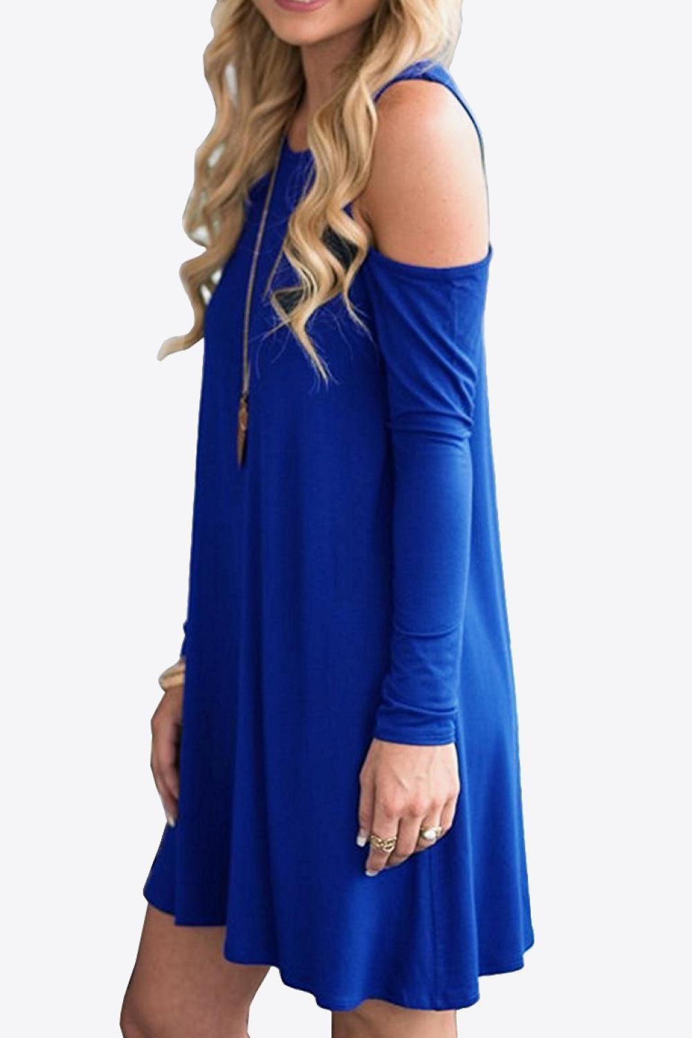 Cold-Shoulder Long Sleeve Round Neck Dress BLUE ZONE PLANET