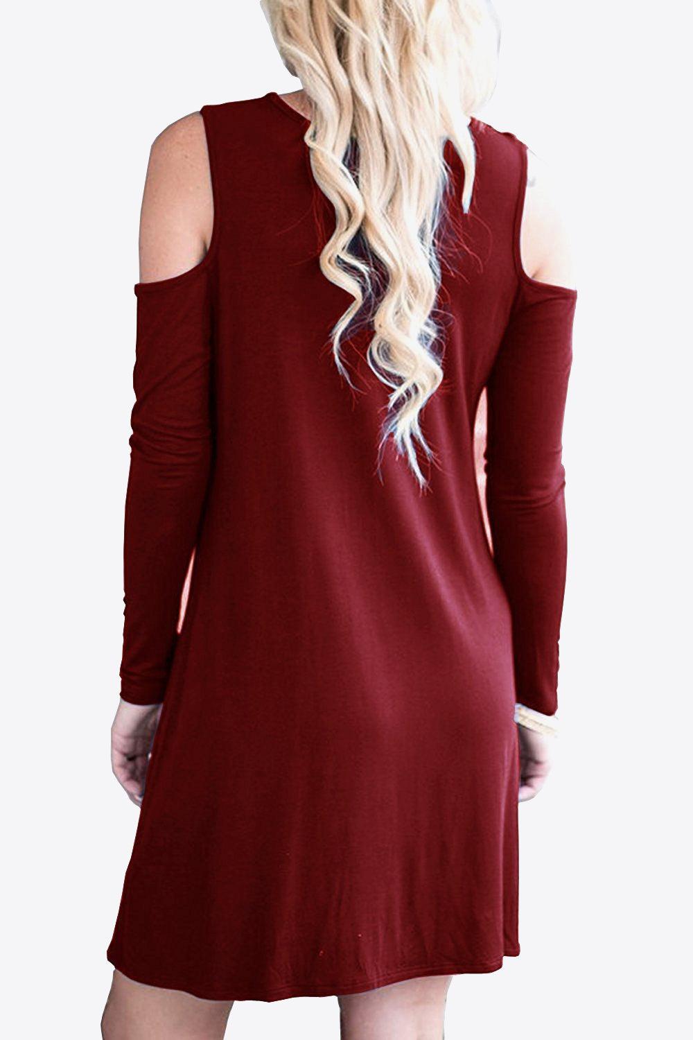 Cold-Shoulder Long Sleeve Round Neck Dress BLUE ZONE PLANET