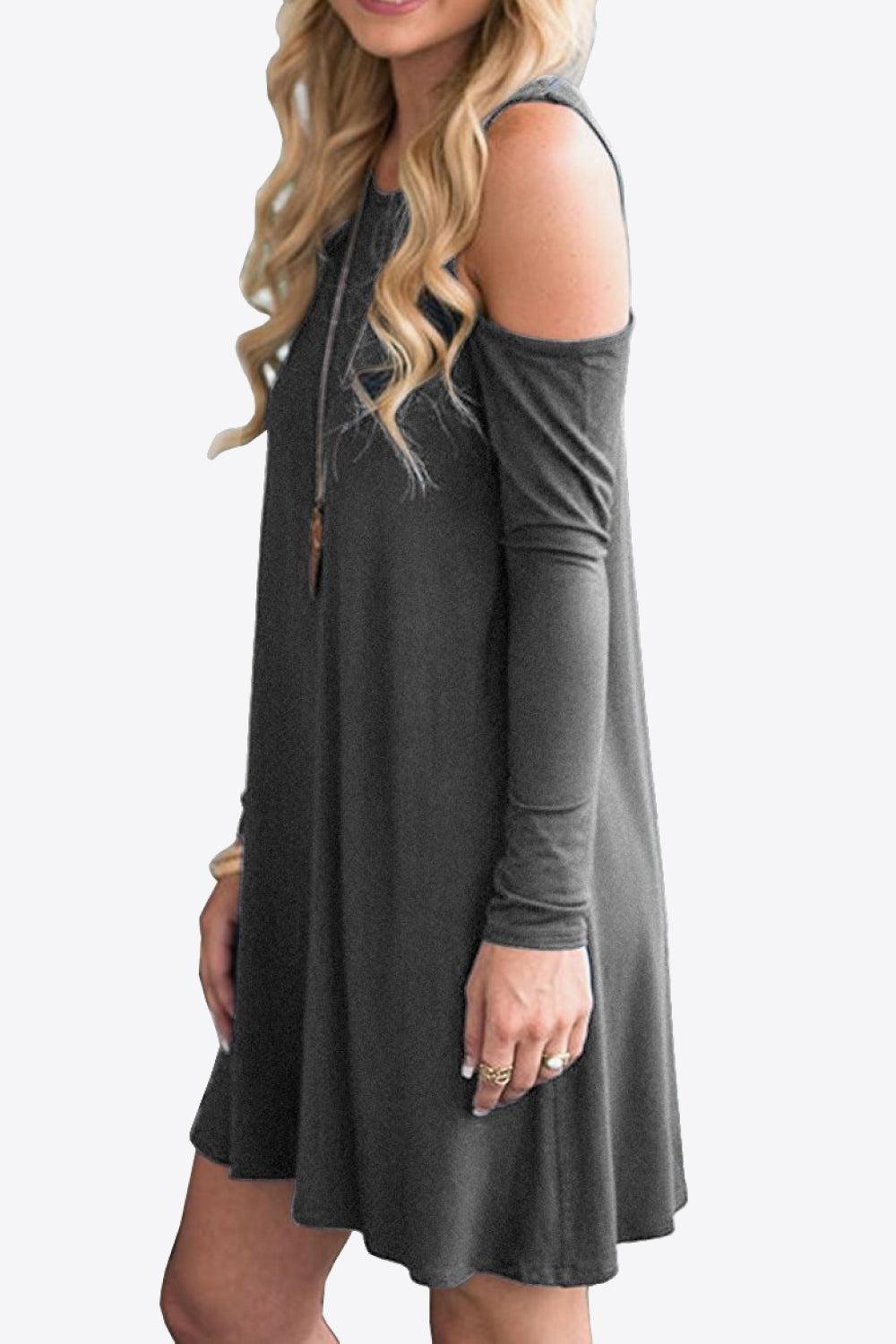 Cold-Shoulder Long Sleeve Round Neck Dress BLUE ZONE PLANET