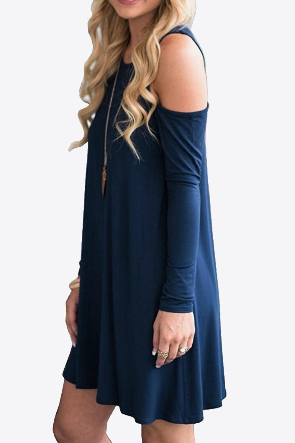 Cold-Shoulder Long Sleeve Round Neck Dress BLUE ZONE PLANET